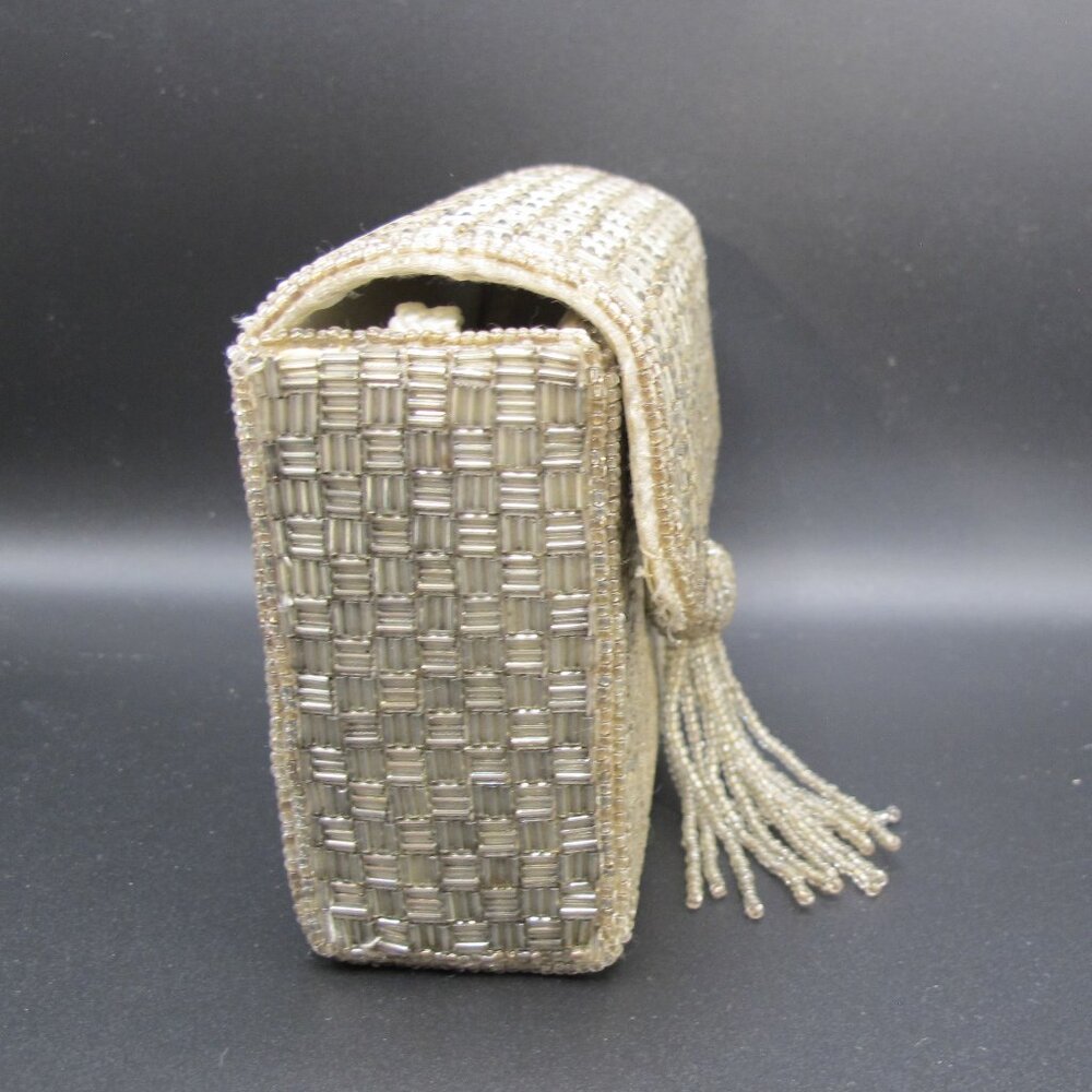 Rectangular Silver Beaded Clutch With Bead Tassel… - image 2